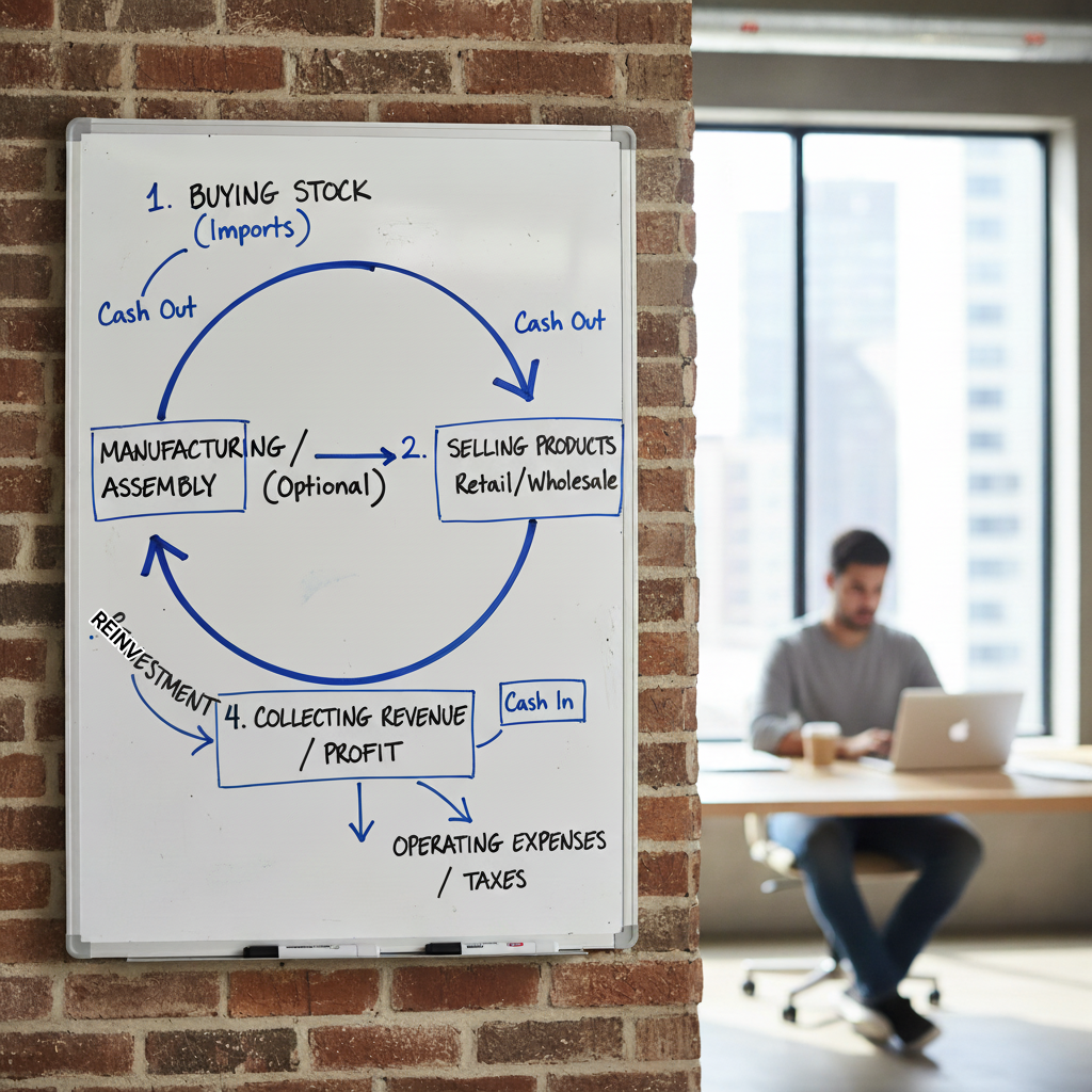 Simple cash flow cycle diagram showing buying stock, selling products, and reinvesting profits for small import businesses